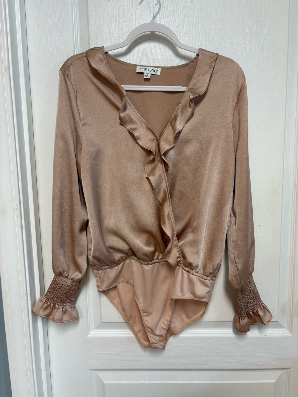 She + Sky Taupe Satin Ruffle V-Neck Bodysuit